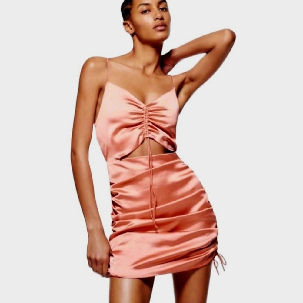 Zara Satin Ruched Mini Dress in Peach